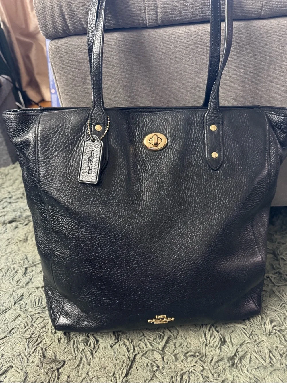 Coach Black Pebbled Leather Tote with Gold Turnlock